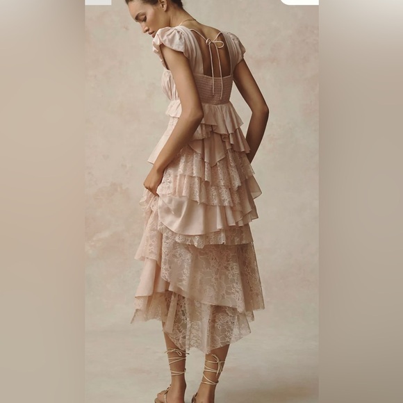 Anthropologie Square Neck Cap Sleeves Ruffle Lace Midi Dress Size Medium - Picture 4 of 10